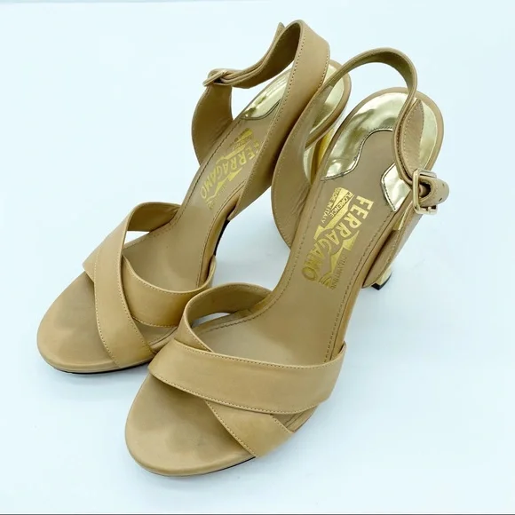 Salvatore Ferragamo Gold Block Heel Leather Sandals - Picture 6 of 11